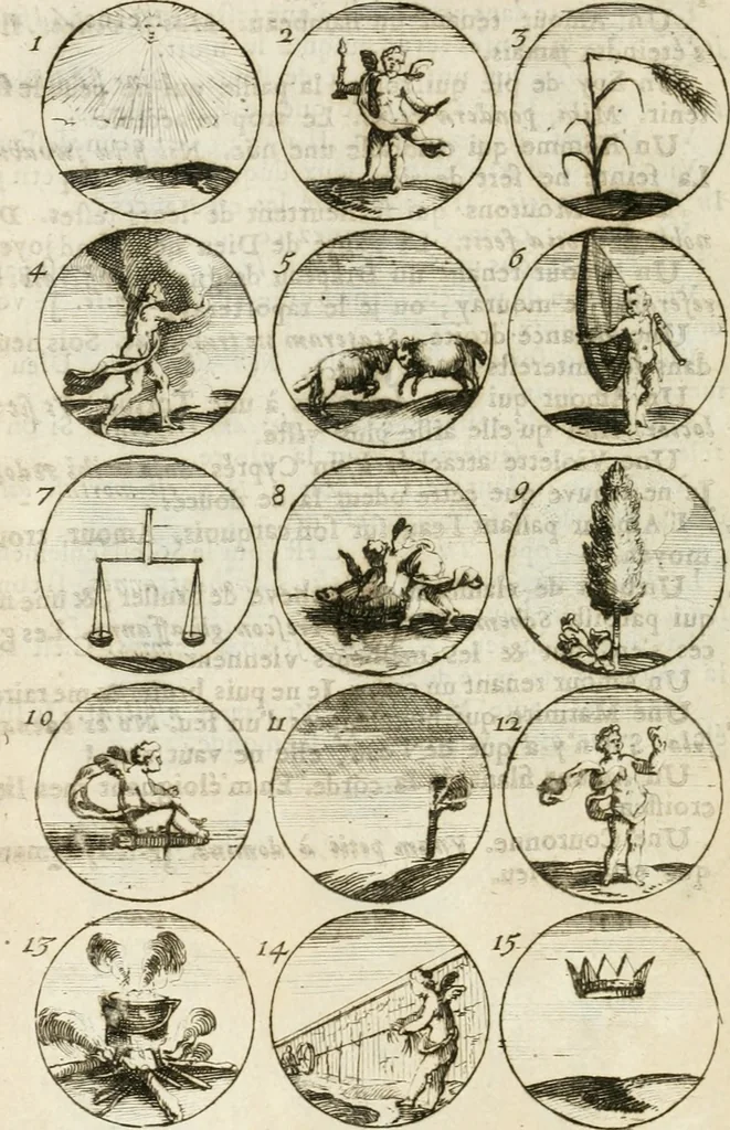 An illustration from Livre curieux et utile pour les sçavans et artistes : composé de trois alphabets de chiffres simples, doubles & triples, fleuronnez et au premier trait : accompagné d'un tres grand nombre de devises, emblêmes, médailles et autres figures hieroglyfiques : ensemble de plusieurs supports et cimiers pour les ornemens des armes : avec une table tres ample par le moyen de laquelle on trouvera facilement tous les noms imaginables, 1685, leaf 103