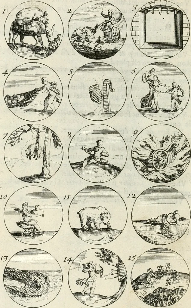 An illustration from Livre curieux et utile pour les sçavans et artistes : composé de trois alphabets de chiffres simples, doubles & triples, fleuronnez et au premier trait : accompagné d'un tres grand nombre de devises, emblêmes, médailles et autres figures hieroglyfiques : ensemble de plusieurs supports et cimiers pour les ornemens des armes : avec une table tres ample par le moyen de laquelle on trouvera facilement tous les noms imaginables, 1685, leaf 107