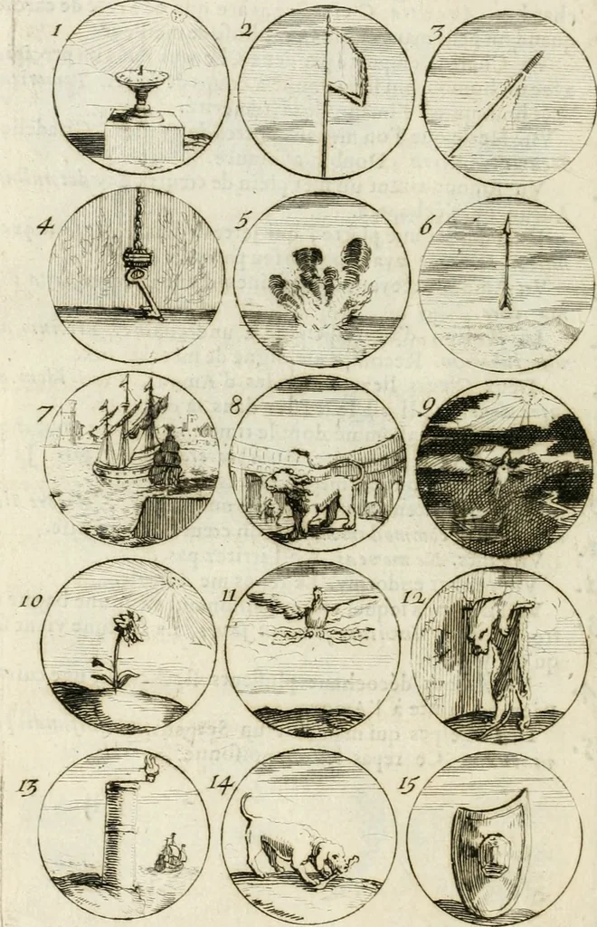 An illustration from Livre curieux et utile pour les sçavans et artistes : composé de trois alphabets de chiffres simples, doubles & triples, fleuronnez et au premier trait : accompagné d'un tres grand nombre de devises, emblêmes, médailles et autres figures hieroglyfiques : ensemble de plusieurs supports et cimiers pour les ornemens des armes : avec une table tres ample par le moyen de laquelle on trouvera facilement tous les noms imaginables, 1685, leaf 109