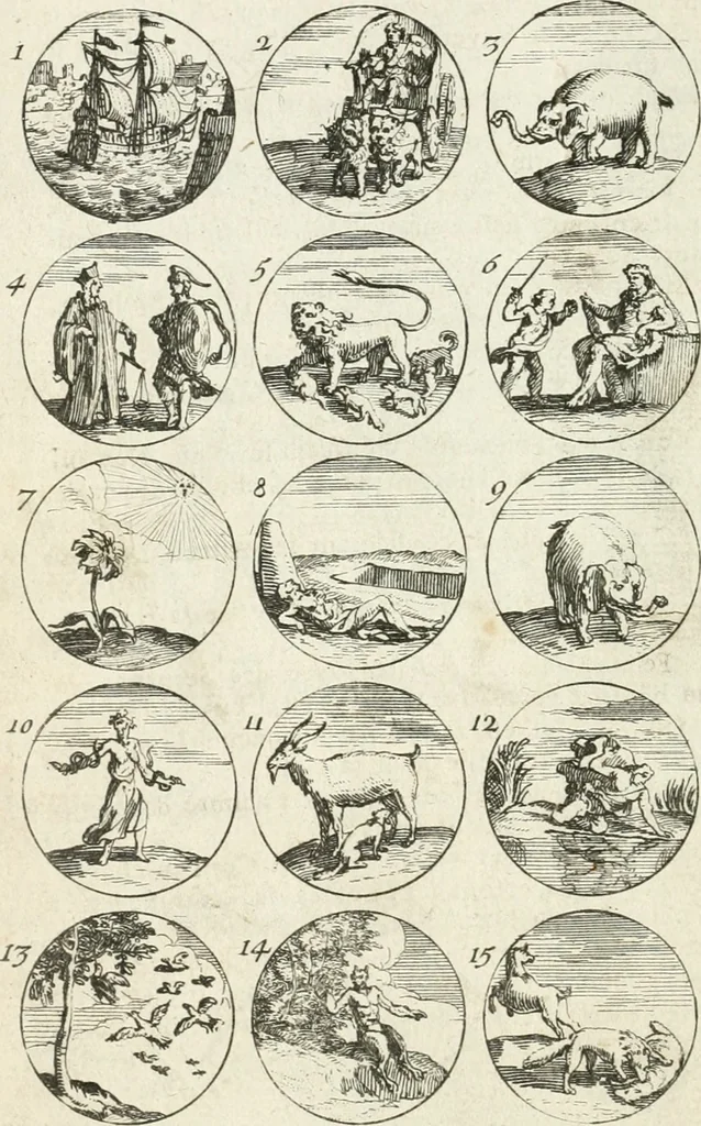 An illustration from Livre curieux et utile pour les sçavans et artistes : composé de trois alphabets de chiffres simples, doubles & triples, fleuronnez et au premier trait : accompagné d'un tres grand nombre de devises, emblêmes, médailles et autres figures hieroglyfiques : ensemble de plusieurs supports et cimiers pour les ornemens des armes : avec une table tres ample par le moyen de laquelle on trouvera facilement tous les noms imaginables, 1685, leaf 11