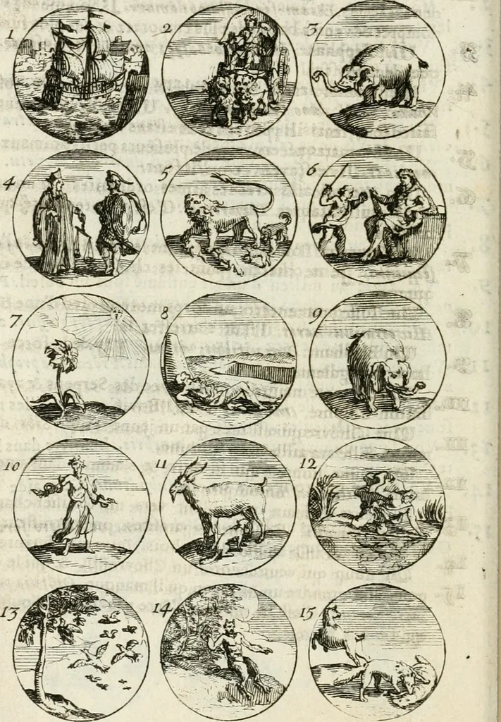 An illustration from Livre curieux et utile pour les sçavans et artistes : composé de trois alphabets de chiffres simples, doubles & triples, fleuronnez et au premier trait : accompagné d'un tres grand nombre de devises, emblêmes, médailles et autres figures hieroglyfiques : ensemble de plusieurs supports et cimiers pour les ornemens des armes : avec une table tres ample par le moyen de laquelle on trouvera facilement tous les noms imaginables, 1685, leaf 111
