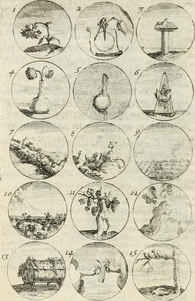 An illustration from Livre curieux et utile pour les sçavans et artistes : composé de trois alphabets de chiffres simples, doubles & triples, fleuronnez et au premier trait : accompagné d'un tres grand nombre de devises, emblêmes, médailles et autres figures hieroglyfiques : ensemble de plusieurs supports et cimiers pour les ornemens des armes : avec une table tres ample par le moyen de laquelle on trouvera facilement tous les noms imaginables, 1685, leaf 113
