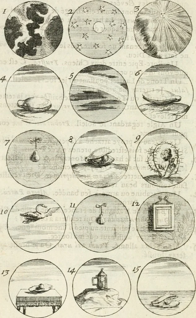 An illustration from Livre curieux et utile pour les sçavans et artistes : composé de trois alphabets de chiffres simples, doubles & triples, fleuronnez et au premier trait : accompagné d'un tres grand nombre de devises, emblêmes, médailles et autres figures hieroglyfiques : ensemble de plusieurs supports et cimiers pour les ornemens des armes : avec une table tres ample par le moyen de laquelle on trouvera facilement tous les noms imaginables, 1685, leaf 117