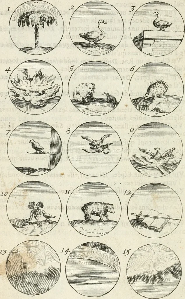 An illustration from Livre curieux et utile pour les sçavans et artistes : composé de trois alphabets de chiffres simples, doubles & triples, fleuronnez et au premier trait : accompagné d'un tres grand nombre de devises, emblêmes, médailles et autres figures hieroglyfiques : ensemble de plusieurs supports et cimiers pour les ornemens des armes : avec une table tres ample par le moyen de laquelle on trouvera facilement tous les noms imaginables, 1685, leaf 119