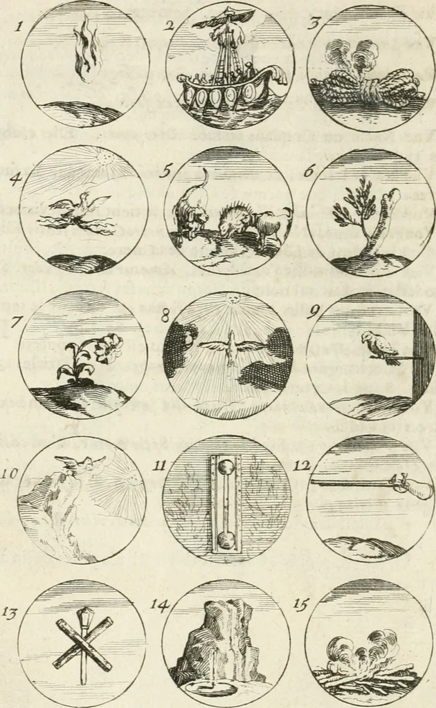 An illustration from Livre curieux et utile pour les sçavans et artistes : composé de trois alphabets de chiffres simples, doubles & triples, fleuronnez et au premier trait : accompagné d'un tres grand nombre de devises, emblêmes, médailles et autres figures hieroglyfiques : ensemble de plusieurs supports et cimiers pour les ornemens des armes : avec une table tres ample par le moyen de laquelle on trouvera facilement tous les noms imaginables, 1685, leaf 121