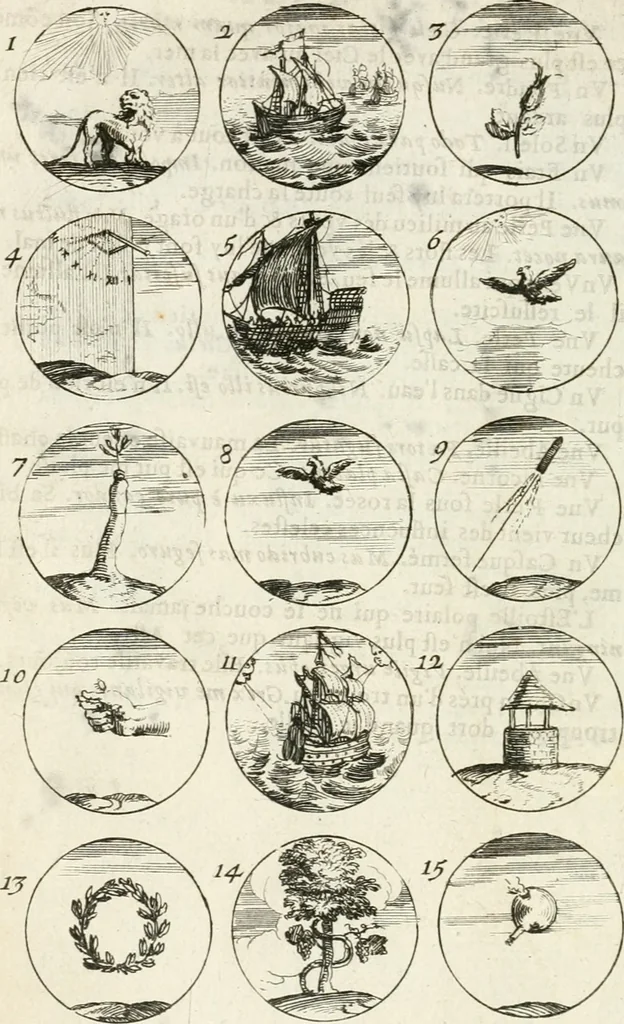 An illustration from Livre curieux et utile pour les sçavans et artistes : composé de trois alphabets de chiffres simples, doubles & triples, fleuronnez et au premier trait : accompagné d'un tres grand nombre de devises, emblêmes, médailles et autres figures hieroglyfiques : ensemble de plusieurs supports et cimiers pour les ornemens des armes : avec une table tres ample par le moyen de laquelle on trouvera facilement tous les noms imaginables, 1685, leaf 123