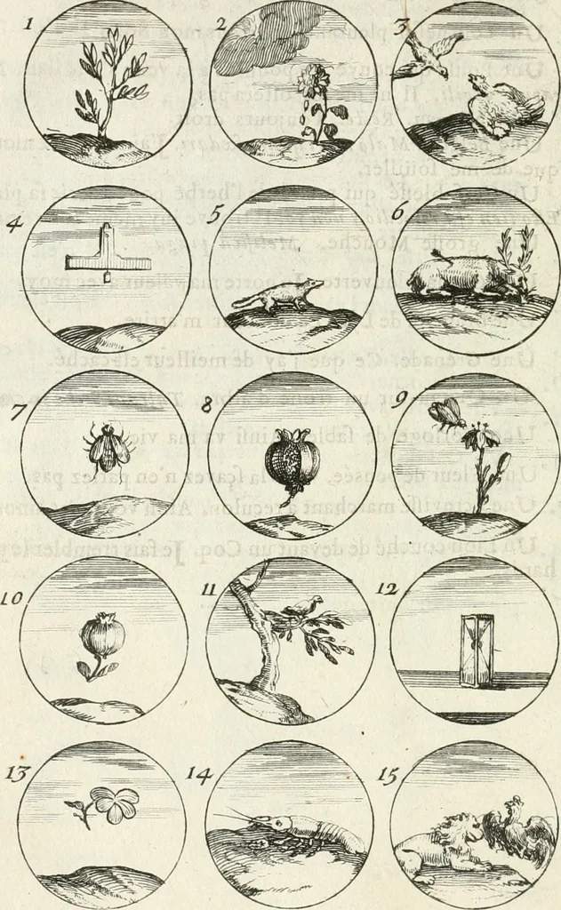 An illustration from Livre curieux et utile pour les sçavans et artistes : composé de trois alphabets de chiffres simples, doubles & triples, fleuronnez et au premier trait : accompagné d'un tres grand nombre de devises, emblêmes, médailles et autres figures hieroglyfiques : ensemble de plusieurs supports et cimiers pour les ornemens des armes : avec une table tres ample par le moyen de laquelle on trouvera facilement tous les noms imaginables, 1685, leaf 125
