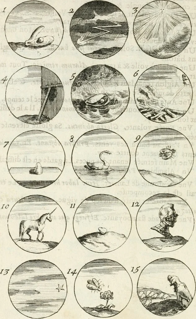 An illustration from Livre curieux et utile pour les sçavans et artistes : composé de trois alphabets de chiffres simples, doubles & triples, fleuronnez et au premier trait : accompagné d'un tres grand nombre de devises, emblêmes, médailles et autres figures hieroglyfiques : ensemble de plusieurs supports et cimiers pour les ornemens des armes : avec une table tres ample par le moyen de laquelle on trouvera facilement tous les noms imaginables, 1685, leaf 127