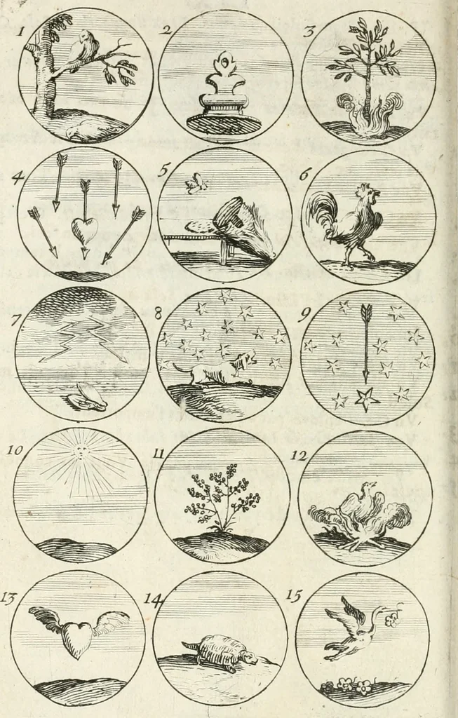 An illustration from Livre curieux et utile pour les sçavans et artistes : composé de trois alphabets de chiffres simples, doubles & triples, fleuronnez et au premier trait : accompagné d'un tres grand nombre de devises, emblêmes, médailles et autres figures hieroglyfiques : ensemble de plusieurs supports et cimiers pour les ornemens des armes : avec une table tres ample par le moyen de laquelle on trouvera facilement tous les noms imaginables, 1685, leaf 129