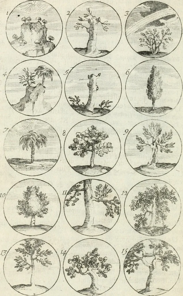 An illustration from Livre curieux et utile pour les sçavans et artistes : composé de trois alphabets de chiffres simples, doubles & triples, fleuronnez et au premier trait : accompagné d'un tres grand nombre de devises, emblêmes, médailles et autres figures hieroglyfiques : ensemble de plusieurs supports et cimiers pour les ornemens des armes : avec une table tres ample par le moyen de laquelle on trouvera facilement tous les noms imaginables, 1685, leaf 13