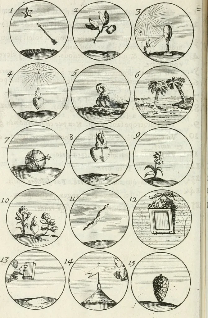 An illustration from Livre curieux et utile pour les sçavans et artistes : composé de trois alphabets de chiffres simples, doubles & triples, fleuronnez et au premier trait : accompagné d'un tres grand nombre de devises, emblêmes, médailles et autres figures hieroglyfiques : ensemble de plusieurs supports et cimiers pour les ornemens des armes : avec une table tres ample par le moyen de laquelle on trouvera facilement tous les noms imaginables, 1685, leaf 131