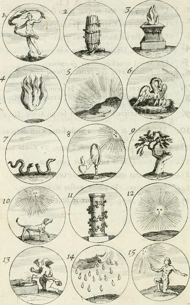 An illustration from Livre curieux et utile pour les sçavans et artistes : composé de trois alphabets de chiffres simples, doubles & triples, fleuronnez et au premier trait : accompagné d'un tres grand nombre de devises, emblêmes, médailles et autres figures hieroglyfiques : ensemble de plusieurs supports et cimiers pour les ornemens des armes : avec une table tres ample par le moyen de laquelle on trouvera facilement tous les noms imaginables, 1685, leaf 133