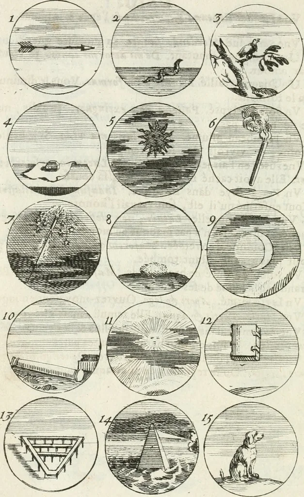 An illustration from Livre curieux et utile pour les sçavans et artistes : composé de trois alphabets de chiffres simples, doubles & triples, fleuronnez et au premier trait : accompagné d'un tres grand nombre de devises, emblêmes, médailles et autres figures hieroglyfiques : ensemble de plusieurs supports et cimiers pour les ornemens des armes : avec une table tres ample par le moyen de laquelle on trouvera facilement tous les noms imaginables, 1685, leaf 135