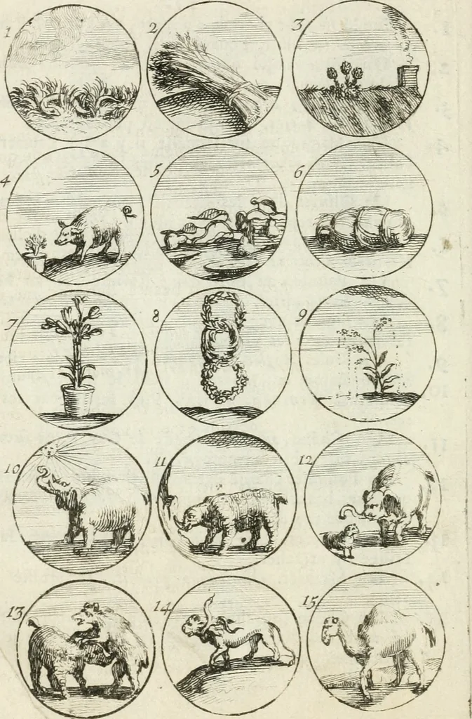 An illustration from Livre curieux et utile pour les sçavans et artistes : composé de trois alphabets de chiffres simples, doubles & triples, fleuronnez et au premier trait : accompagné d'un tres grand nombre de devises, emblêmes, médailles et autres figures hieroglyfiques : ensemble de plusieurs supports et cimiers pour les ornemens des armes : avec une table tres ample par le moyen de laquelle on trouvera facilement tous les noms imaginables, 1685, leaf 15