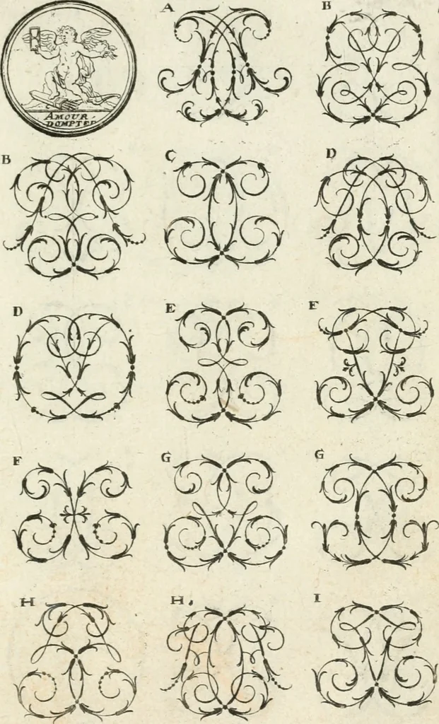 An illustration from Livre curieux et utile pour les sçavans et artistes : composé de trois alphabets de chiffres simples, doubles & triples, fleuronnez et au premier trait : accompagné d'un tres grand nombre de devises, emblêmes, médailles et autres figures hieroglyfiques : ensemble de plusieurs supports et cimiers pour les ornemens des armes : avec une table tres ample par le moyen de laquelle on trouvera facilement tous les noms imaginables, 1685, leaf 158