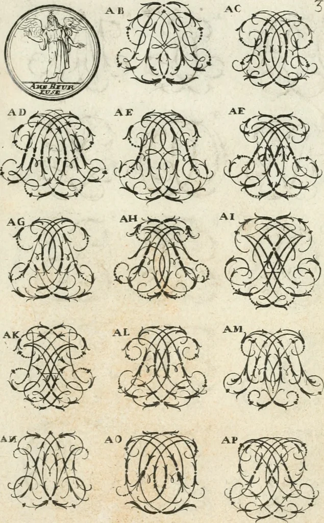 An illustration from Livre curieux et utile pour les sçavans et artistes : composé de trois alphabets de chiffres simples, doubles & triples, fleuronnez et au premier trait : accompagné d'un tres grand nombre de devises, emblêmes, médailles et autres figures hieroglyfiques : ensemble de plusieurs supports et cimiers pour les ornemens des armes : avec une table tres ample par le moyen de laquelle on trouvera facilement tous les noms imaginables, 1685, leaf 160
