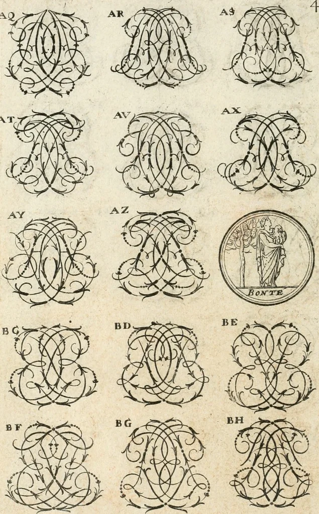 An illustration from Livre curieux et utile pour les sçavans et artistes : composé de trois alphabets de chiffres simples, doubles & triples, fleuronnez et au premier trait : accompagné d'un tres grand nombre de devises, emblêmes, médailles et autres figures hieroglyfiques : ensemble de plusieurs supports et cimiers pour les ornemens des armes : avec une table tres ample par le moyen de laquelle on trouvera facilement tous les noms imaginables, 1685, leaf 161