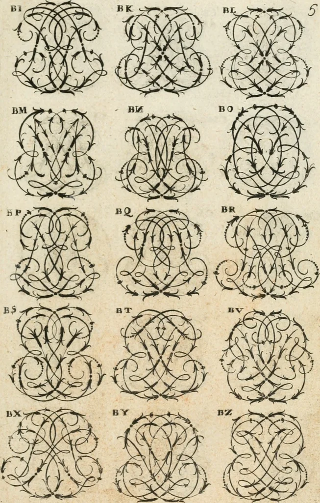 An illustration from Livre curieux et utile pour les sçavans et artistes : composé de trois alphabets de chiffres simples, doubles & triples, fleuronnez et au premier trait : accompagné d'un tres grand nombre de devises, emblêmes, médailles et autres figures hieroglyfiques : ensemble de plusieurs supports et cimiers pour les ornemens des armes : avec une table tres ample par le moyen de laquelle on trouvera facilement tous les noms imaginables, 1685, leaf 162