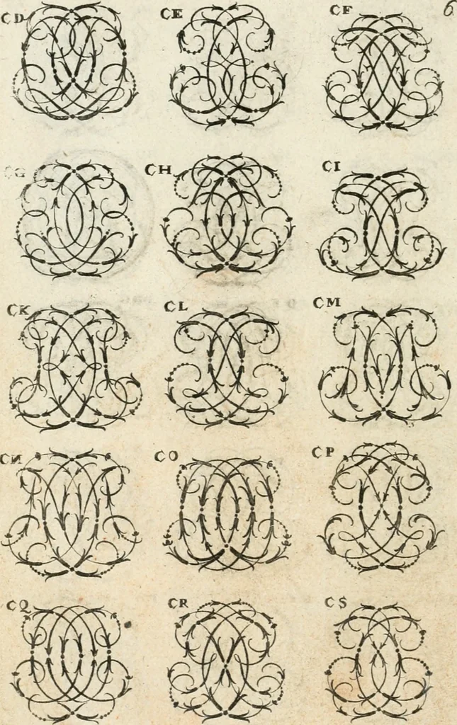 An illustration from Livre curieux et utile pour les sçavans et artistes : composé de trois alphabets de chiffres simples, doubles & triples, fleuronnez et au premier trait : accompagné d'un tres grand nombre de devises, emblêmes, médailles et autres figures hieroglyfiques : ensemble de plusieurs supports et cimiers pour les ornemens des armes : avec une table tres ample par le moyen de laquelle on trouvera facilement tous les noms imaginables, 1685, leaf 163