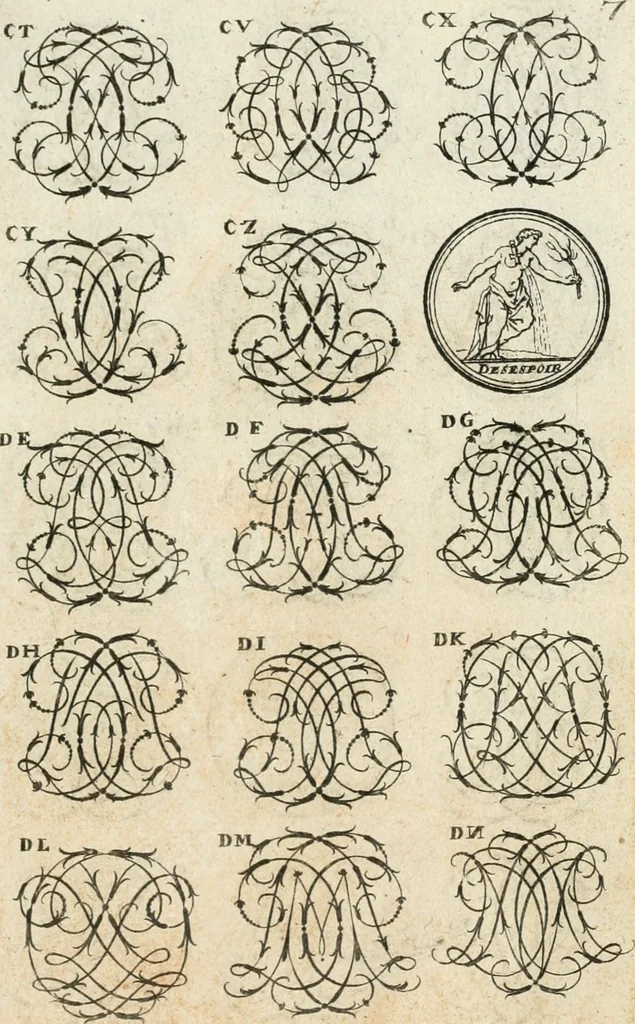 An illustration from Livre curieux et utile pour les sçavans et artistes : composé de trois alphabets de chiffres simples, doubles & triples, fleuronnez et au premier trait : accompagné d'un tres grand nombre de devises, emblêmes, médailles et autres figures hieroglyfiques : ensemble de plusieurs supports et cimiers pour les ornemens des armes : avec une table tres ample par le moyen de laquelle on trouvera facilement tous les noms imaginables, 1685, leaf 164