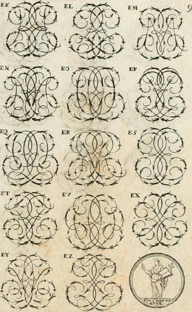 An illustration from Livre curieux et utile pour les sçavans et artistes : composé de trois alphabets de chiffres simples, doubles & triples, fleuronnez et au premier trait : accompagné d'un tres grand nombre de devises, emblêmes, médailles et autres figures hieroglyfiques : ensemble de plusieurs supports et cimiers pour les ornemens des armes : avec une table tres ample par le moyen de laquelle on trouvera facilement tous les noms imaginables, 1685, leaf 166