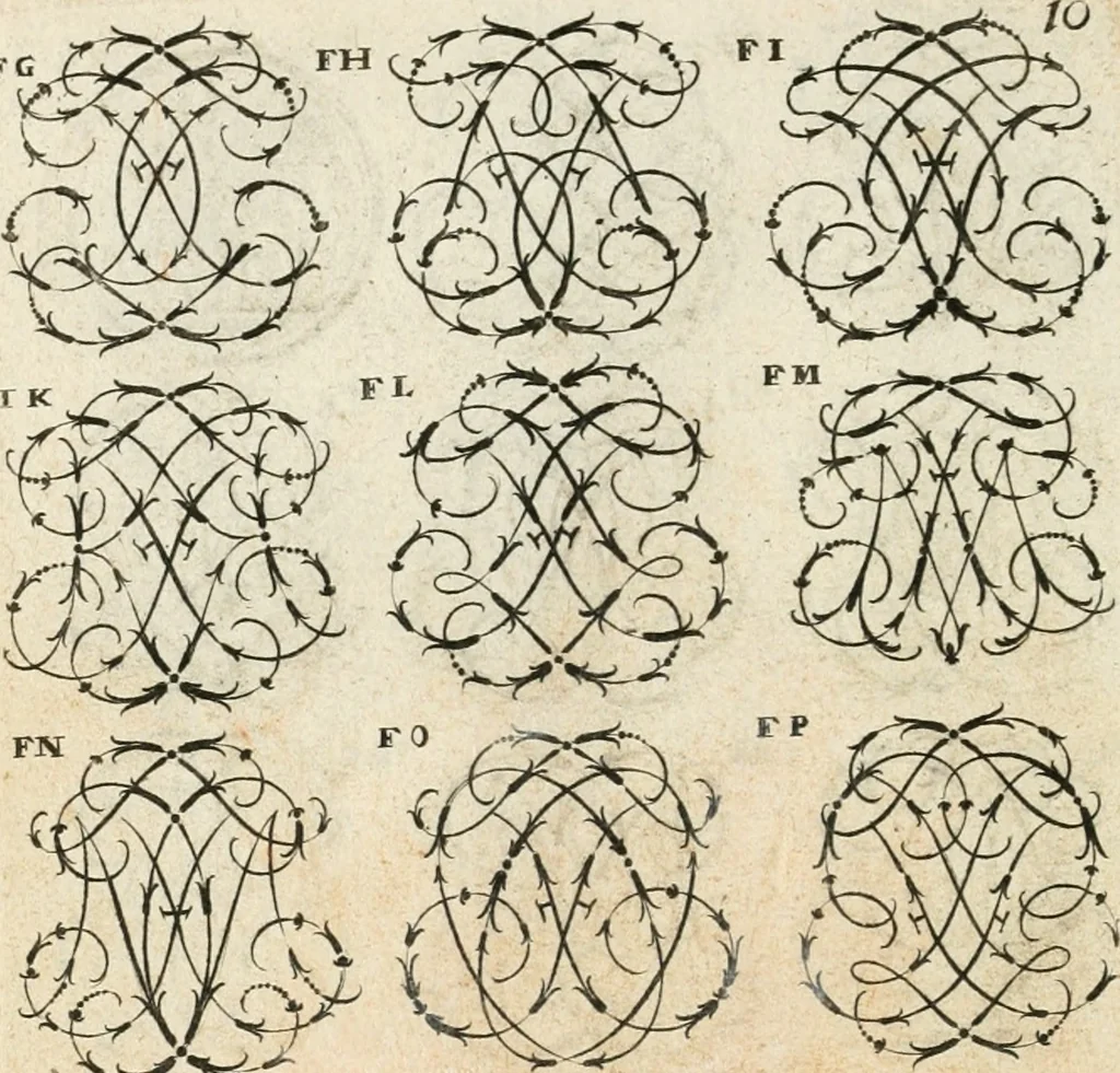 An illustration from Livre curieux et utile pour les sçavans et artistes : composé de trois alphabets de chiffres simples, doubles & triples, fleuronnez et au premier trait : accompagné d'un tres grand nombre de devises, emblêmes, médailles et autres figures hieroglyfiques : ensemble de plusieurs supports et cimiers pour les ornemens des armes : avec une table tres ample par le moyen de laquelle on trouvera facilement tous les noms imaginables, 1685, leaf 167