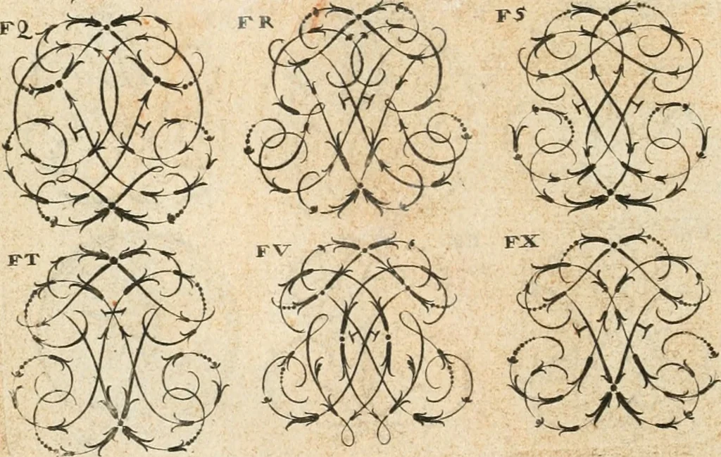 An illustration from Livre curieux et utile pour les sçavans et artistes : composé de trois alphabets de chiffres simples, doubles & triples, fleuronnez et au premier trait : accompagné d'un tres grand nombre de devises, emblêmes, médailles et autres figures hieroglyfiques : ensemble de plusieurs supports et cimiers pour les ornemens des armes : avec une table tres ample par le moyen de laquelle on trouvera facilement tous les noms imaginables, 1685, leaf 167