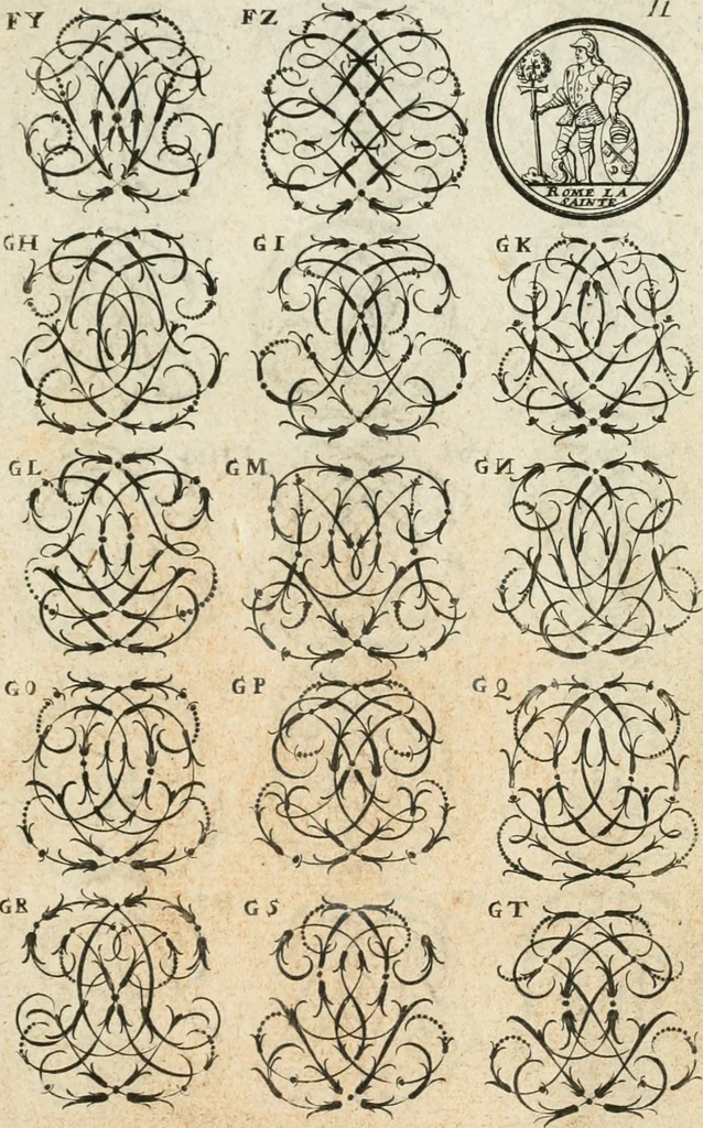 An illustration from Livre curieux et utile pour les sçavans et artistes : composé de trois alphabets de chiffres simples, doubles & triples, fleuronnez et au premier trait : accompagné d'un tres grand nombre de devises, emblêmes, médailles et autres figures hieroglyfiques : ensemble de plusieurs supports et cimiers pour les ornemens des armes : avec une table tres ample par le moyen de laquelle on trouvera facilement tous les noms imaginables, 1685, leaf 168