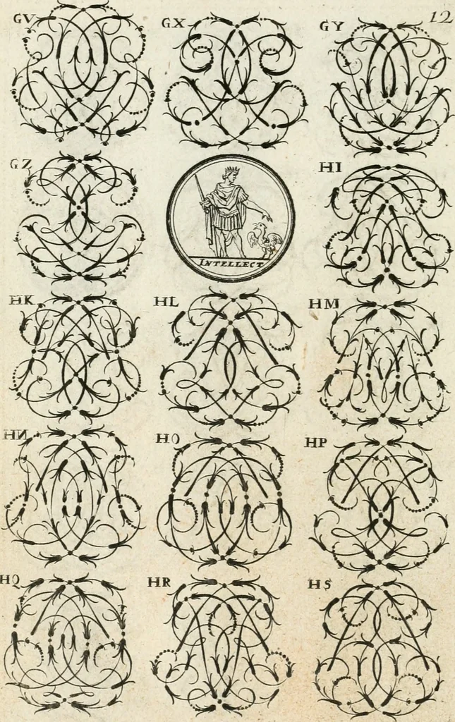An illustration from Livre curieux et utile pour les sçavans et artistes : composé de trois alphabets de chiffres simples, doubles & triples, fleuronnez et au premier trait : accompagné d'un tres grand nombre de devises, emblêmes, médailles et autres figures hieroglyfiques : ensemble de plusieurs supports et cimiers pour les ornemens des armes : avec une table tres ample par le moyen de laquelle on trouvera facilement tous les noms imaginables, 1685, leaf 169