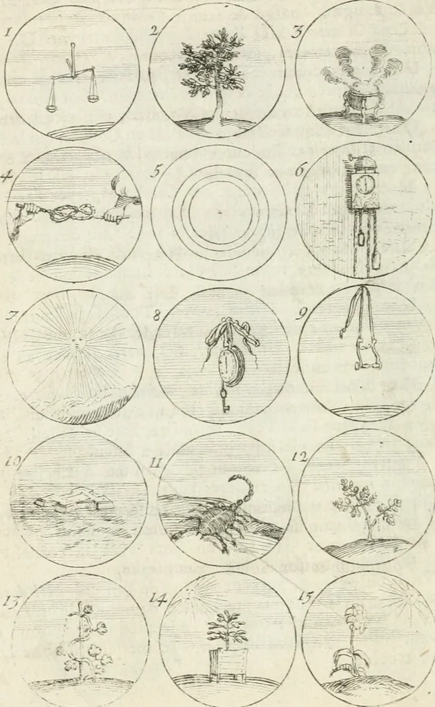 An illustration from Livre curieux et utile pour les sçavans et artistes : composé de trois alphabets de chiffres simples, doubles & triples, fleuronnez et au premier trait : accompagné d'un tres grand nombre de devises, emblêmes, médailles et autres figures hieroglyfiques : ensemble de plusieurs supports et cimiers pour les ornemens des armes : avec une table tres ample par le moyen de laquelle on trouvera facilement tous les noms imaginables, 1685, leaf 17