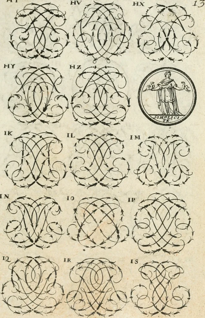 An illustration from Livre curieux et utile pour les sçavans et artistes : composé de trois alphabets de chiffres simples, doubles & triples, fleuronnez et au premier trait : accompagné d'un tres grand nombre de devises, emblêmes, médailles et autres figures hieroglyfiques : ensemble de plusieurs supports et cimiers pour les ornemens des armes : avec une table tres ample par le moyen de laquelle on trouvera facilement tous les noms imaginables, 1685, leaf 170