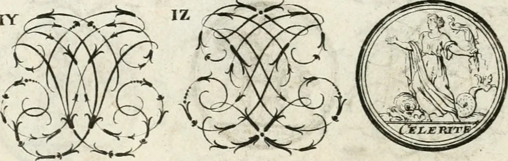 An illustration from Livre curieux et utile pour les sçavans et artistes : composé de trois alphabets de chiffres simples, doubles & triples, fleuronnez et au premier trait : accompagné d'un tres grand nombre de devises, emblêmes, médailles et autres figures hieroglyfiques : ensemble de plusieurs supports et cimiers pour les ornemens des armes : avec une table tres ample par le moyen de laquelle on trouvera facilement tous les noms imaginables, 1685, leaf 171