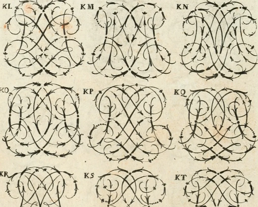 An illustration from Livre curieux et utile pour les sçavans et artistes : composé de trois alphabets de chiffres simples, doubles & triples, fleuronnez et au premier trait : accompagné d'un tres grand nombre de devises, emblêmes, médailles et autres figures hieroglyfiques : ensemble de plusieurs supports et cimiers pour les ornemens des armes : avec une table tres ample par le moyen de laquelle on trouvera facilement tous les noms imaginables, 1685, leaf 171