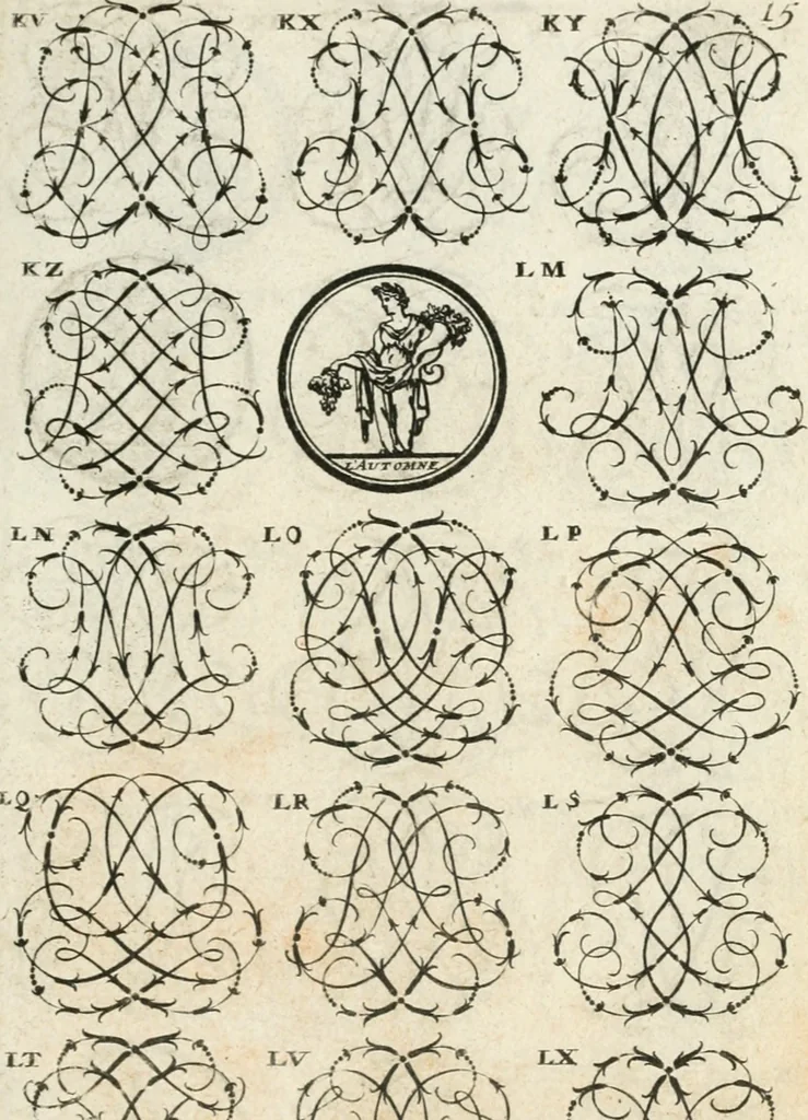 An illustration from Livre curieux et utile pour les sçavans et artistes : composé de trois alphabets de chiffres simples, doubles & triples, fleuronnez et au premier trait : accompagné d'un tres grand nombre de devises, emblêmes, médailles et autres figures hieroglyfiques : ensemble de plusieurs supports et cimiers pour les ornemens des armes : avec une table tres ample par le moyen de laquelle on trouvera facilement tous les noms imaginables, 1685, leaf 172