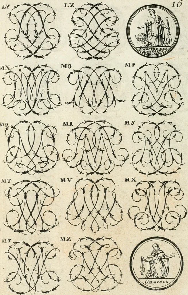 An illustration from Livre curieux et utile pour les sçavans et artistes : composé de trois alphabets de chiffres simples, doubles & triples, fleuronnez et au premier trait : accompagné d'un tres grand nombre de devises, emblêmes, médailles et autres figures hieroglyfiques : ensemble de plusieurs supports et cimiers pour les ornemens des armes : avec une table tres ample par le moyen de laquelle on trouvera facilement tous les noms imaginables, 1685, leaf 173