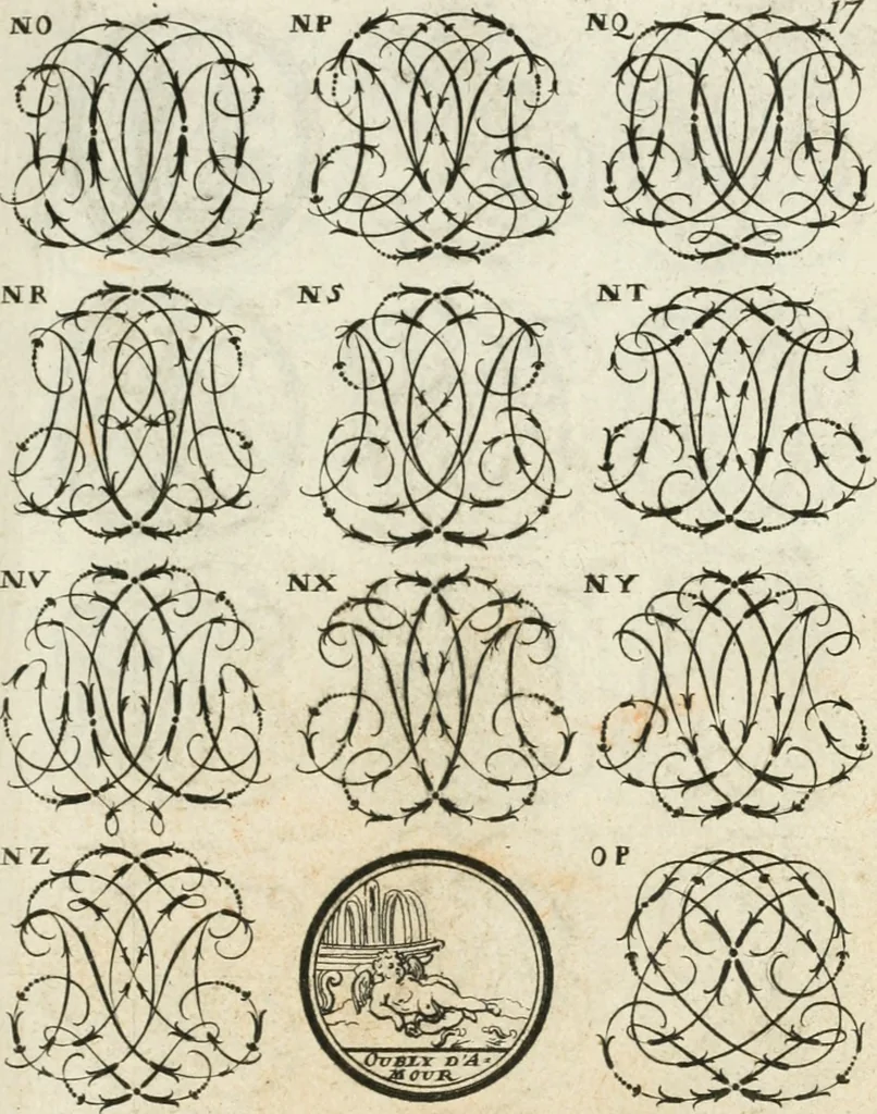 An illustration from Livre curieux et utile pour les sçavans et artistes : composé de trois alphabets de chiffres simples, doubles & triples, fleuronnez et au premier trait : accompagné d'un tres grand nombre de devises, emblêmes, médailles et autres figures hieroglyfiques : ensemble de plusieurs supports et cimiers pour les ornemens des armes : avec une table tres ample par le moyen de laquelle on trouvera facilement tous les noms imaginables, 1685, leaf 174