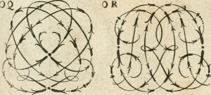 An illustration from Livre curieux et utile pour les sçavans et artistes : composé de trois alphabets de chiffres simples, doubles & triples, fleuronnez et au premier trait : accompagné d'un tres grand nombre de devises, emblêmes, médailles et autres figures hieroglyfiques : ensemble de plusieurs supports et cimiers pour les ornemens des armes : avec une table tres ample par le moyen de laquelle on trouvera facilement tous les noms imaginables, 1685, leaf 174