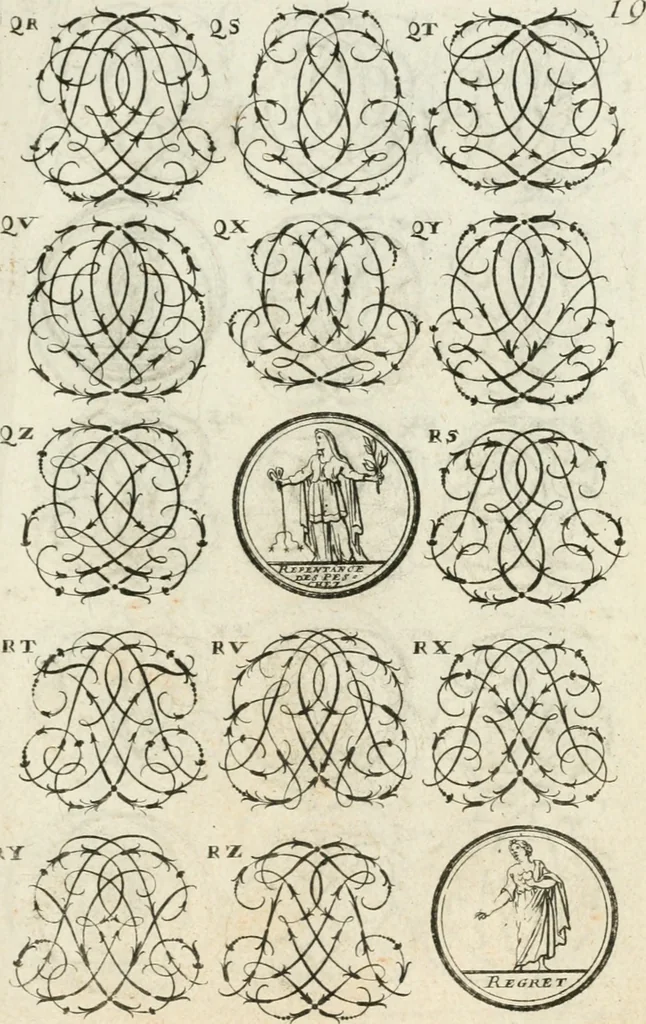 An illustration from Livre curieux et utile pour les sçavans et artistes : composé de trois alphabets de chiffres simples, doubles & triples, fleuronnez et au premier trait : accompagné d'un tres grand nombre de devises, emblêmes, médailles et autres figures hieroglyfiques : ensemble de plusieurs supports et cimiers pour les ornemens des armes : avec une table tres ample par le moyen de laquelle on trouvera facilement tous les noms imaginables, 1685, leaf 176