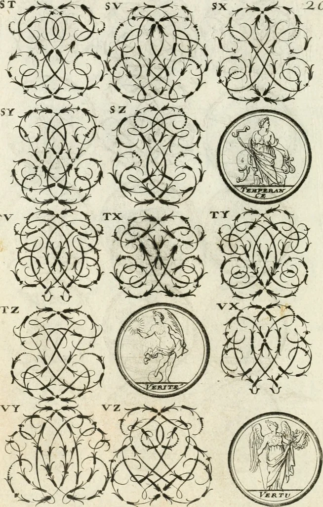 An illustration from Livre curieux et utile pour les sçavans et artistes : composé de trois alphabets de chiffres simples, doubles & triples, fleuronnez et au premier trait : accompagné d'un tres grand nombre de devises, emblêmes, médailles et autres figures hieroglyfiques : ensemble de plusieurs supports et cimiers pour les ornemens des armes : avec une table tres ample par le moyen de laquelle on trouvera facilement tous les noms imaginables, 1685, leaf 177