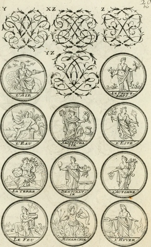 An illustration from Livre curieux et utile pour les sçavans et artistes : composé de trois alphabets de chiffres simples, doubles & triples, fleuronnez et au premier trait : accompagné d'un tres grand nombre de devises, emblêmes, médailles et autres figures hieroglyfiques : ensemble de plusieurs supports et cimiers pour les ornemens des armes : avec une table tres ample par le moyen de laquelle on trouvera facilement tous les noms imaginables, 1685, leaf 178