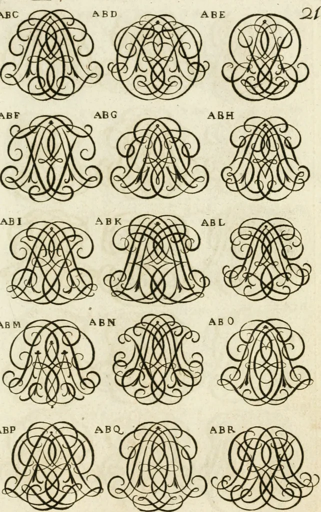 An illustration from Livre curieux et utile pour les sçavans et artistes : composé de trois alphabets de chiffres simples, doubles & triples, fleuronnez et au premier trait : accompagné d'un tres grand nombre de devises, emblêmes, médailles et autres figures hieroglyfiques : ensemble de plusieurs supports et cimiers pour les ornemens des armes : avec une table tres ample par le moyen de laquelle on trouvera facilement tous les noms imaginables, 1685, leaf 180
