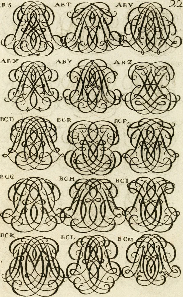 An illustration from Livre curieux et utile pour les sçavans et artistes : composé de trois alphabets de chiffres simples, doubles & triples, fleuronnez et au premier trait : accompagné d'un tres grand nombre de devises, emblêmes, médailles et autres figures hieroglyfiques : ensemble de plusieurs supports et cimiers pour les ornemens des armes : avec une table tres ample par le moyen de laquelle on trouvera facilement tous les noms imaginables, 1685, leaf 181