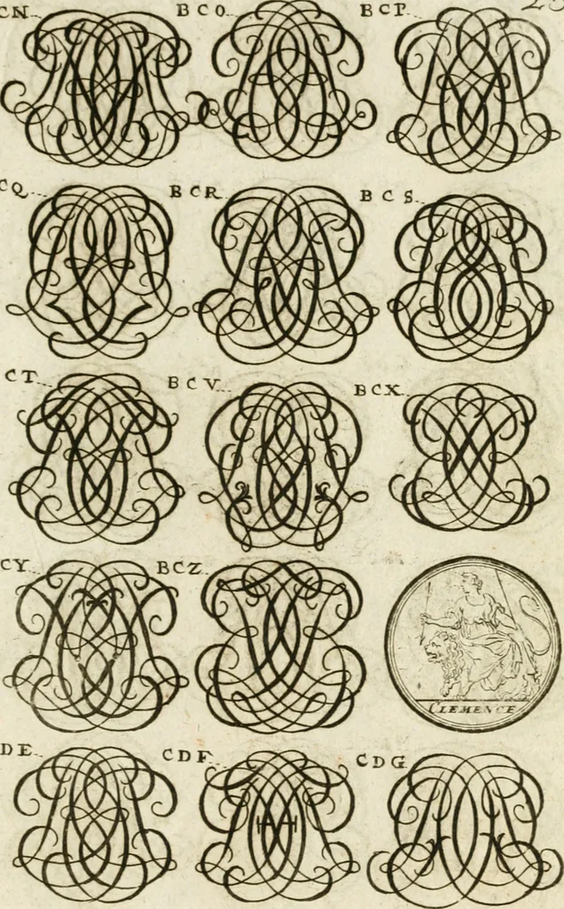 An illustration from Livre curieux et utile pour les sçavans et artistes : composé de trois alphabets de chiffres simples, doubles & triples, fleuronnez et au premier trait : accompagné d'un tres grand nombre de devises, emblêmes, médailles et autres figures hieroglyfiques : ensemble de plusieurs supports et cimiers pour les ornemens des armes : avec une table tres ample par le moyen de laquelle on trouvera facilement tous les noms imaginables, 1685, leaf 182