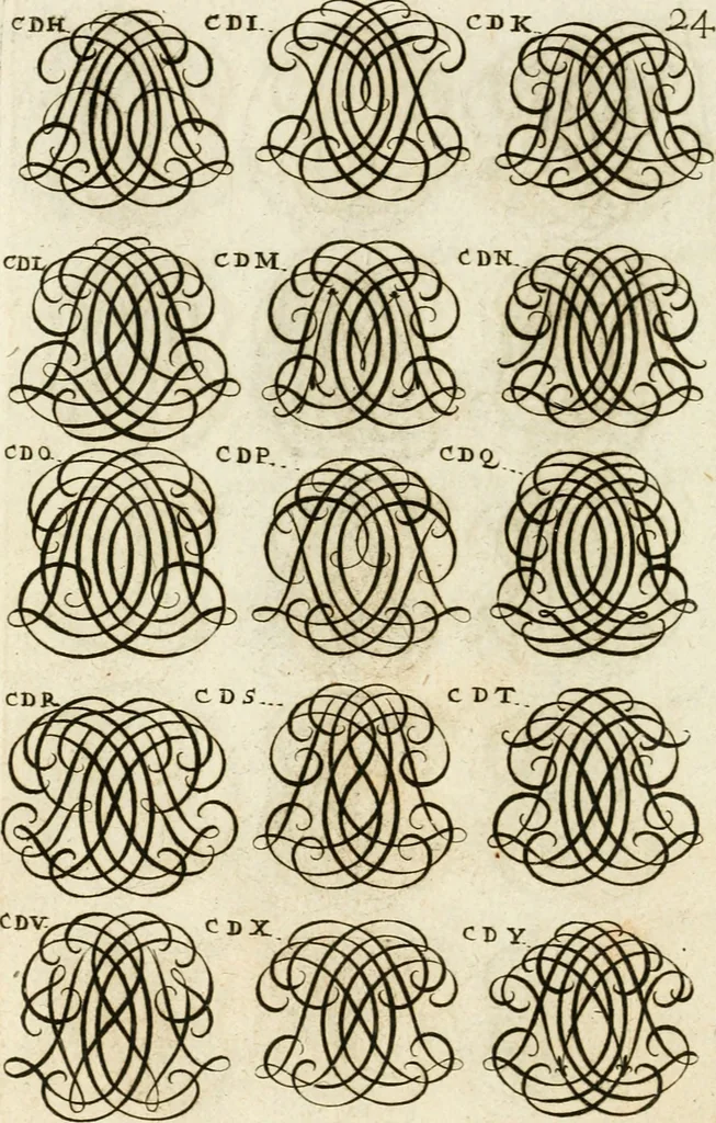 An illustration from Livre curieux et utile pour les sçavans et artistes : composé de trois alphabets de chiffres simples, doubles & triples, fleuronnez et au premier trait : accompagné d'un tres grand nombre de devises, emblêmes, médailles et autres figures hieroglyfiques : ensemble de plusieurs supports et cimiers pour les ornemens des armes : avec une table tres ample par le moyen de laquelle on trouvera facilement tous les noms imaginables, 1685, leaf 183