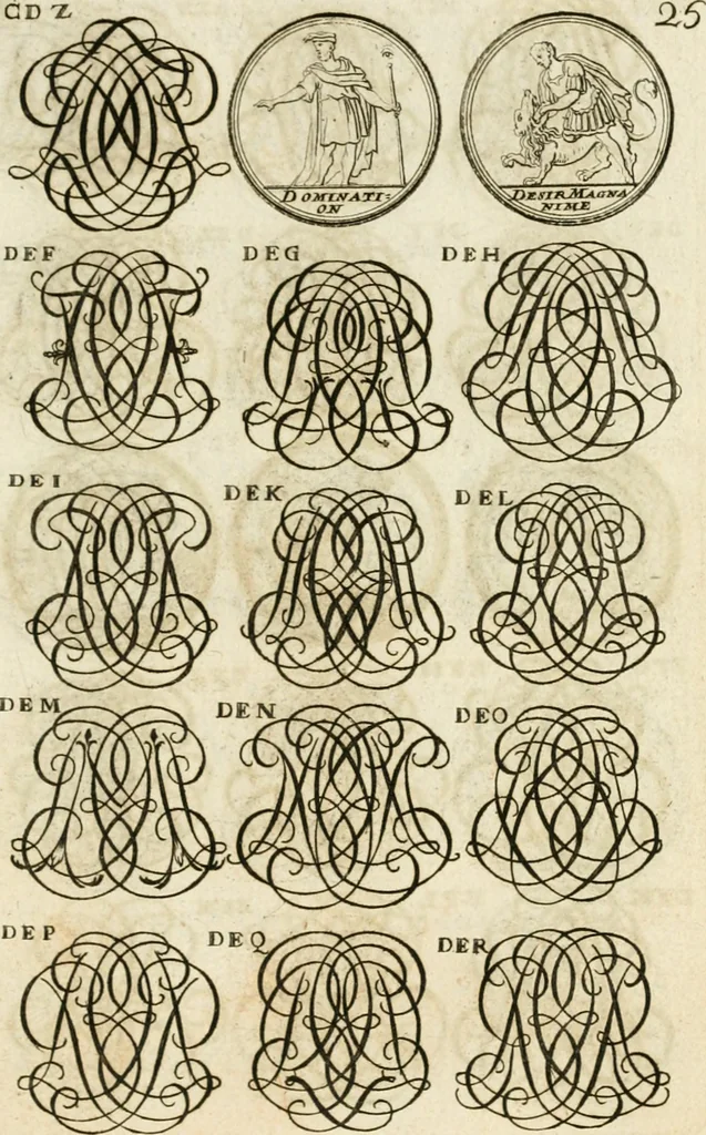 An illustration from Livre curieux et utile pour les sçavans et artistes : composé de trois alphabets de chiffres simples, doubles & triples, fleuronnez et au premier trait : accompagné d'un tres grand nombre de devises, emblêmes, médailles et autres figures hieroglyfiques : ensemble de plusieurs supports et cimiers pour les ornemens des armes : avec une table tres ample par le moyen de laquelle on trouvera facilement tous les noms imaginables, 1685, leaf 184