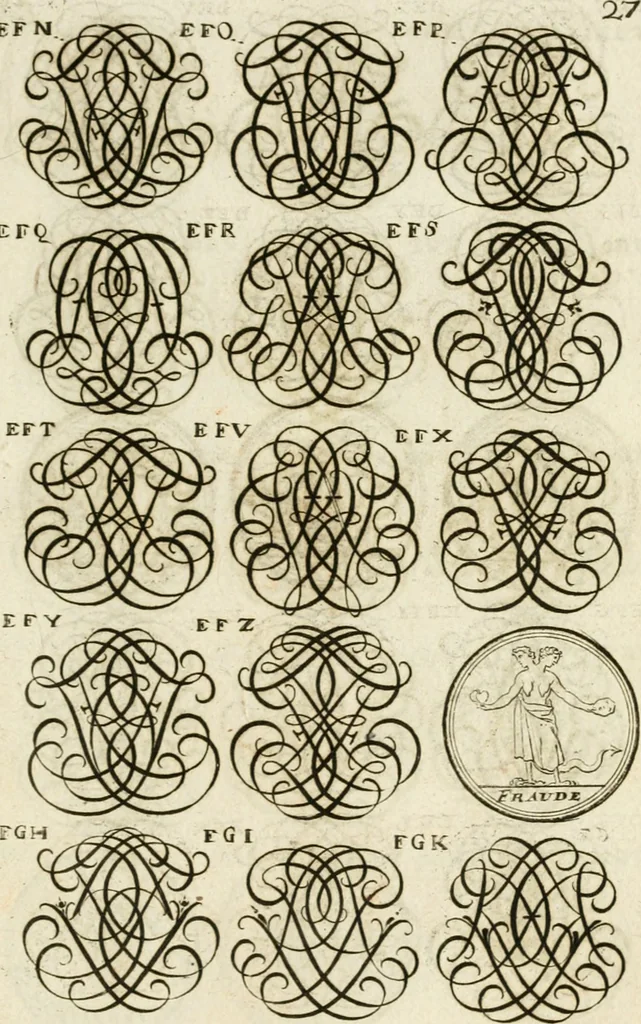 An illustration from Livre curieux et utile pour les sçavans et artistes : composé de trois alphabets de chiffres simples, doubles & triples, fleuronnez et au premier trait : accompagné d'un tres grand nombre de devises, emblêmes, médailles et autres figures hieroglyfiques : ensemble de plusieurs supports et cimiers pour les ornemens des armes : avec une table tres ample par le moyen de laquelle on trouvera facilement tous les noms imaginables, 1685, leaf 186