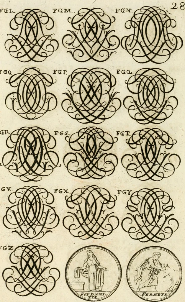 An illustration from Livre curieux et utile pour les sçavans et artistes : composé de trois alphabets de chiffres simples, doubles & triples, fleuronnez et au premier trait : accompagné d'un tres grand nombre de devises, emblêmes, médailles et autres figures hieroglyfiques : ensemble de plusieurs supports et cimiers pour les ornemens des armes : avec une table tres ample par le moyen de laquelle on trouvera facilement tous les noms imaginables, 1685, leaf 187