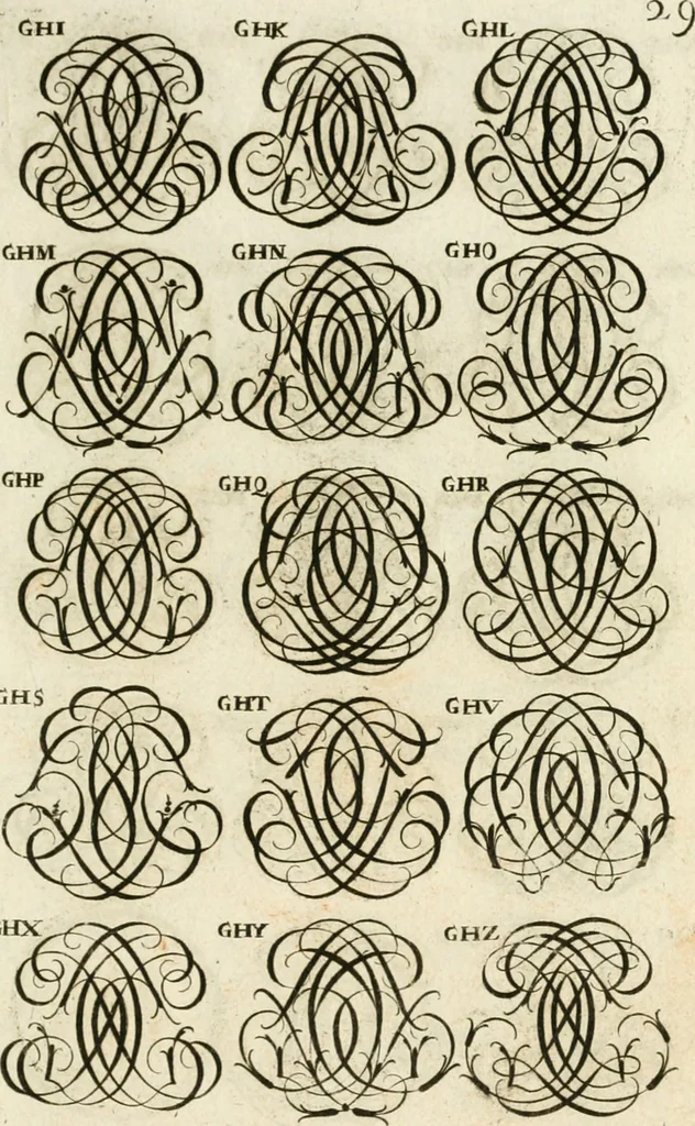 An illustration from Livre curieux et utile pour les sçavans et artistes : composé de trois alphabets de chiffres simples, doubles & triples, fleuronnez et au premier trait : accompagné d'un tres grand nombre de devises, emblêmes, médailles et autres figures hieroglyfiques : ensemble de plusieurs supports et cimiers pour les ornemens des armes : avec une table tres ample par le moyen de laquelle on trouvera facilement tous les noms imaginables, 1685, leaf 188