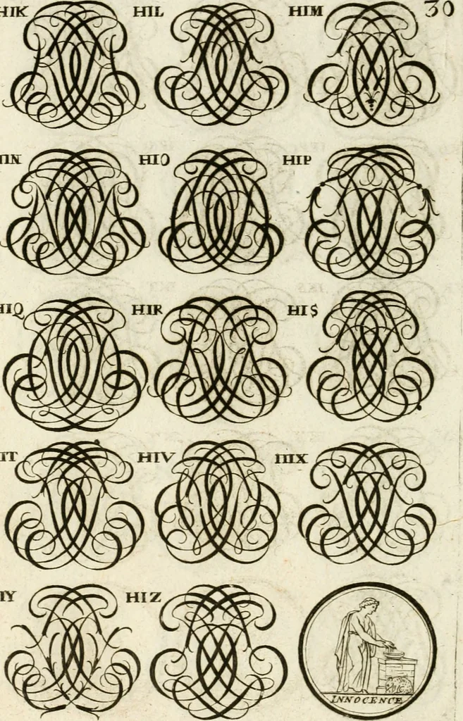An illustration from Livre curieux et utile pour les sçavans et artistes : composé de trois alphabets de chiffres simples, doubles & triples, fleuronnez et au premier trait : accompagné d'un tres grand nombre de devises, emblêmes, médailles et autres figures hieroglyfiques : ensemble de plusieurs supports et cimiers pour les ornemens des armes : avec une table tres ample par le moyen de laquelle on trouvera facilement tous les noms imaginables, 1685, leaf 189