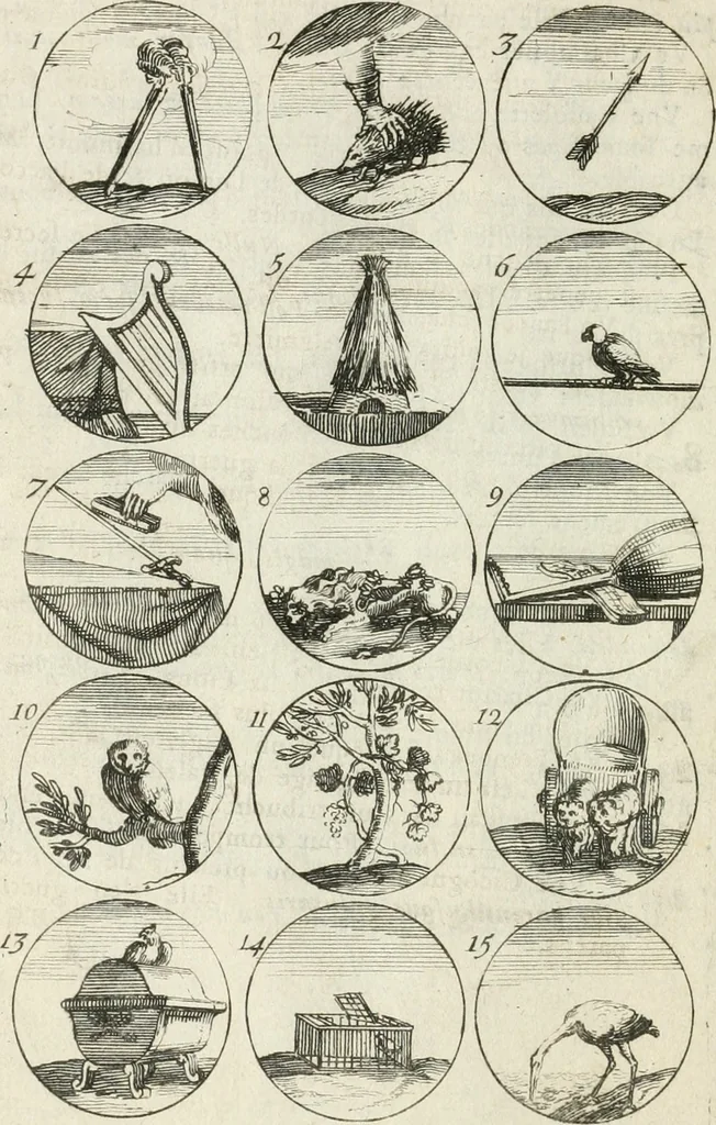 An illustration from Livre curieux et utile pour les sçavans et artistes : composé de trois alphabets de chiffres simples, doubles & triples, fleuronnez et au premier trait : accompagné d'un tres grand nombre de devises, emblêmes, médailles et autres figures hieroglyfiques : ensemble de plusieurs supports et cimiers pour les ornemens des armes : avec une table tres ample par le moyen de laquelle on trouvera facilement tous les noms imaginables, 1685, leaf 19